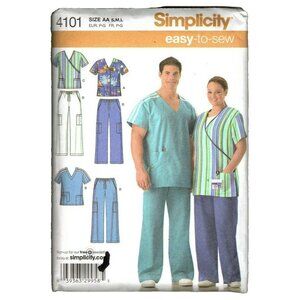 Simplicity 4101 Misses and Mens S to L Scrub Tops and Pants Uncut Sewing Pattern